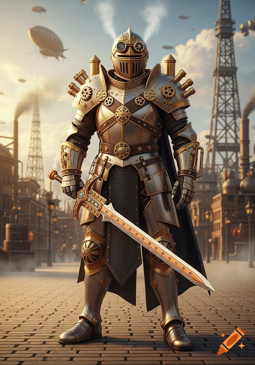A steampunk knight in ornate armor holds a sword, standing in a bustling steampunk city with industrial structures and airships.