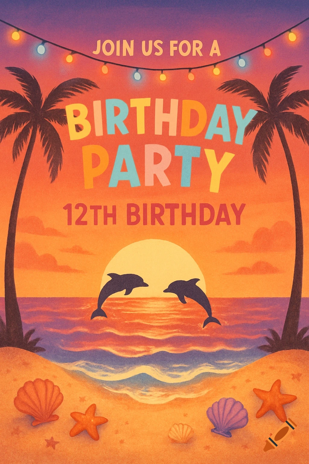 Colorful birthday invitation for a 12th birthday featuring palm trees, leaping dolphins, and seashells on a beach at sunset.