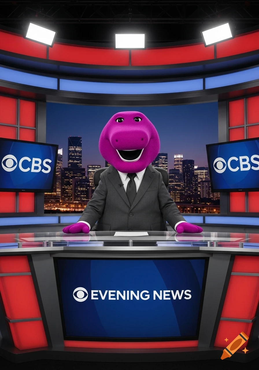 Barney the purple dinosaur, dressed in a suit, anchors the CBS Evening News from a studio with a city skyline background.