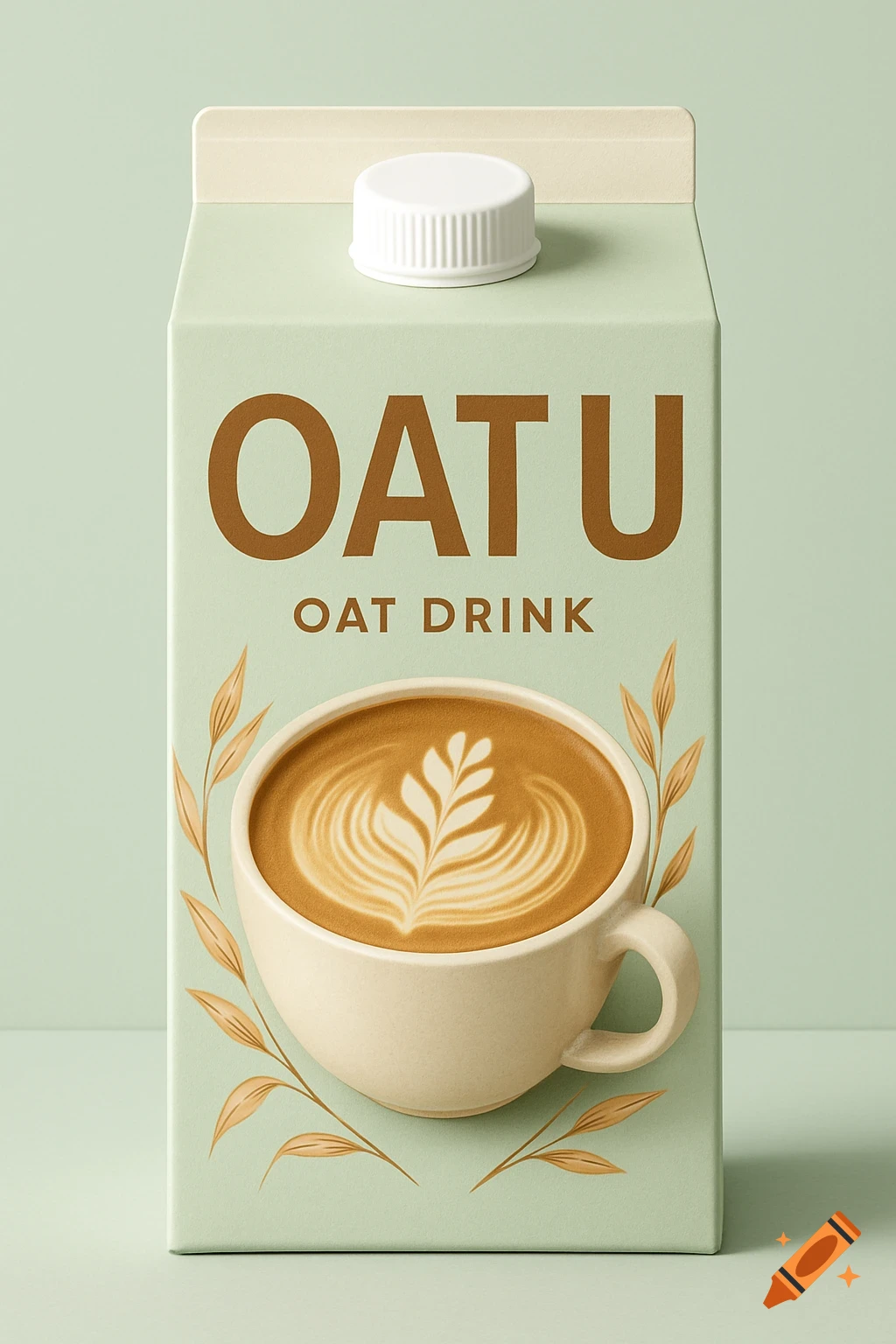 A pastel green carton of "OAT U OAT DRINK" with a white cap, featuring a coffee cup with latte art on the front, surrounded by light brown leaves.