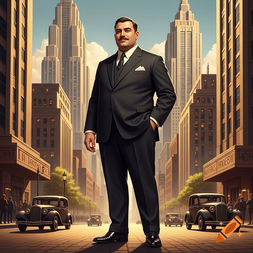 A man in a black suit with a mustache stands in the middle of a city street with Art Deco skyscrapers and vintage cars.