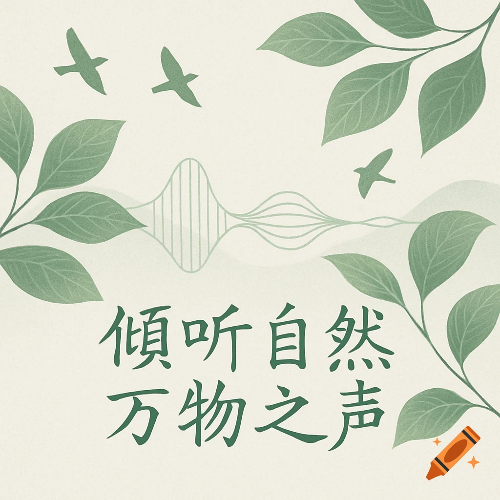 Minimalist illustration of green leaves, flying birds, and sound waves on a light background, with Chinese text about listening to nature.