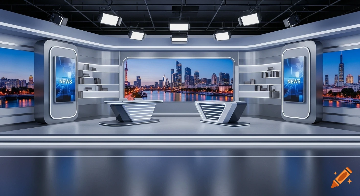A modern virtual TV news studio with a large screen displaying a city skyline at dusk, and two smaller vertical screens showing "NEWS".