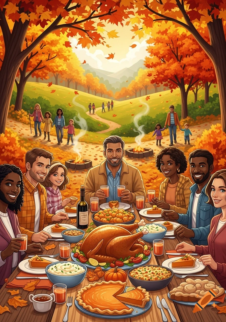 An illustration of a diverse group enjoying a Thanksgiving turkey dinner outdoors in an autumn park with fall foliage and people hiking in the background.