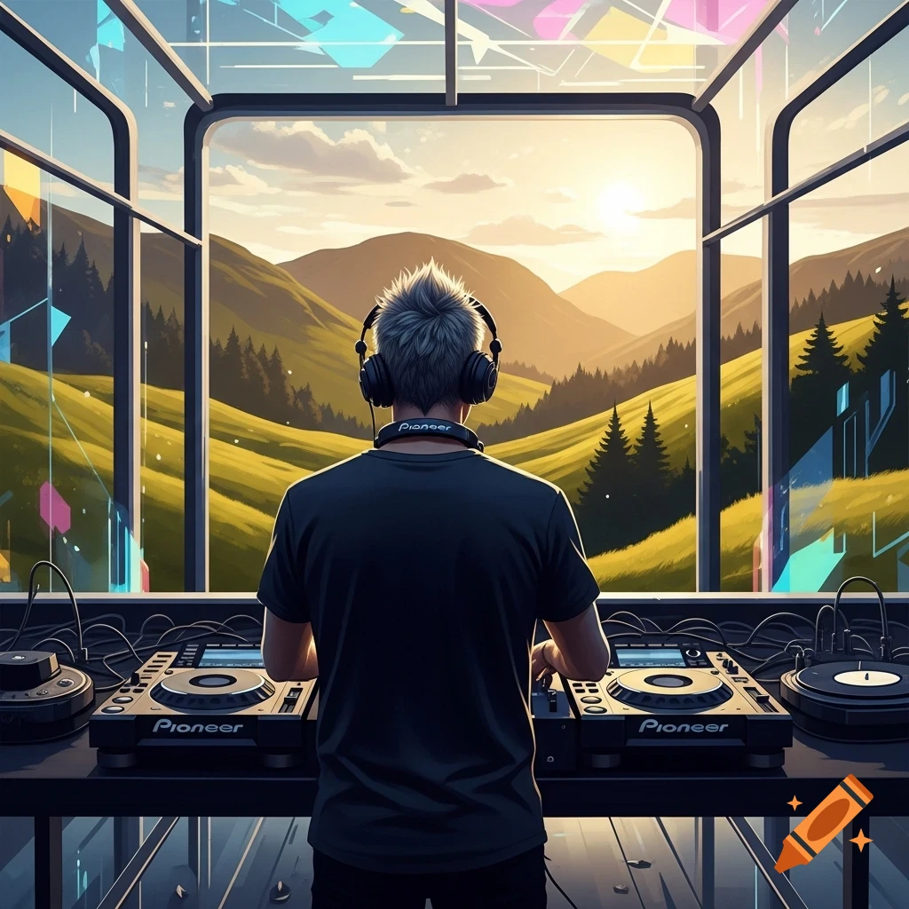 A man from behind, wearing headphones and with spiky silver hair, stands at Pioneer DJ decks in a futuristic, transparent tunnel overlooking a vast green mountain landscape at sunset.