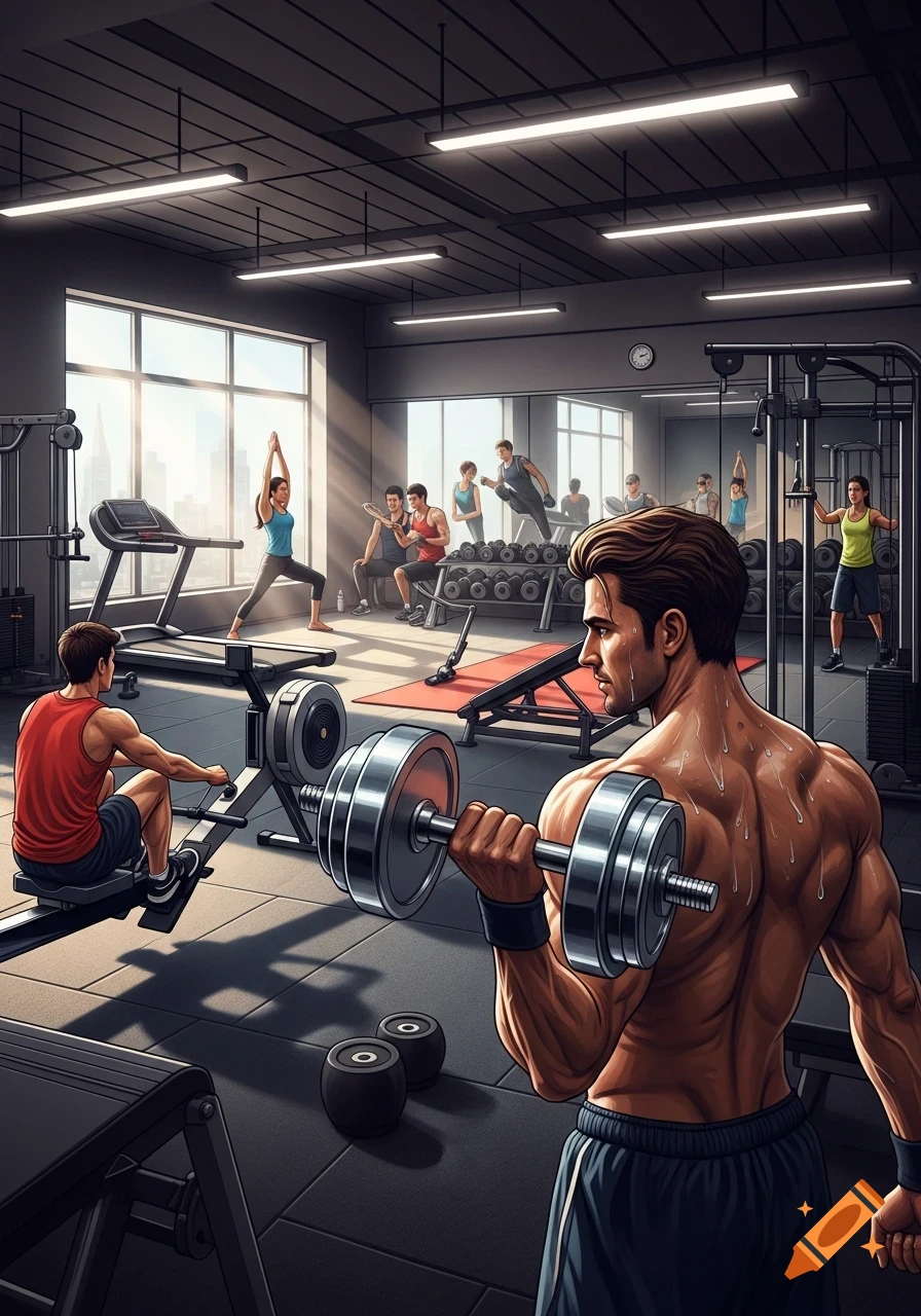 People exercise in a modern gym with large windows, some lifting weights, others doing yoga, rowing, and running on treadmills.