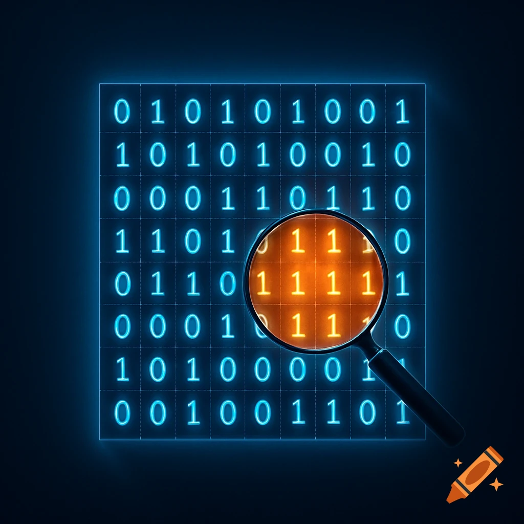 A magnifying glass over a grid of glowing blue and orange binary code against a dark background.