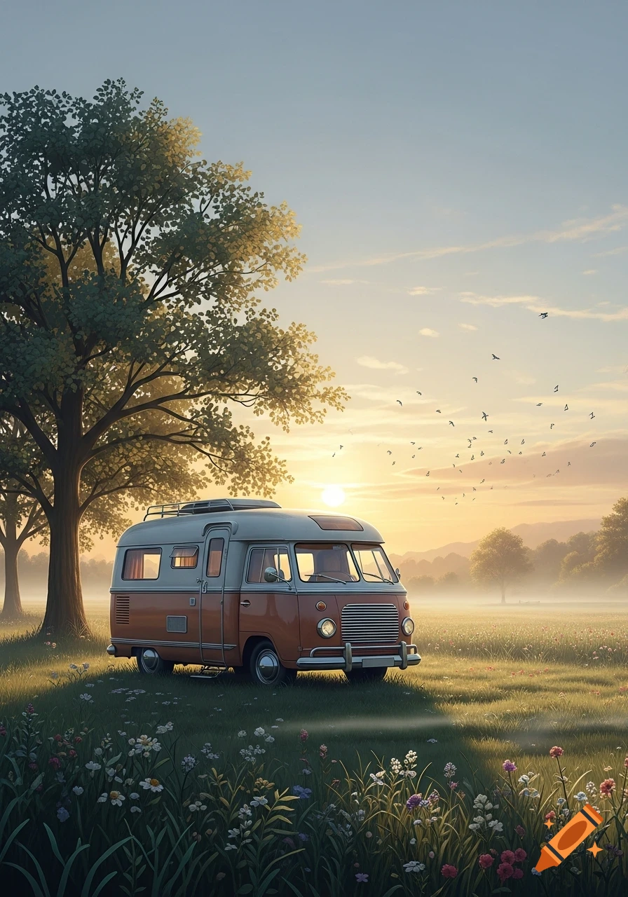 A vintage camper van parked in a vibrant green field with wildflowers ...