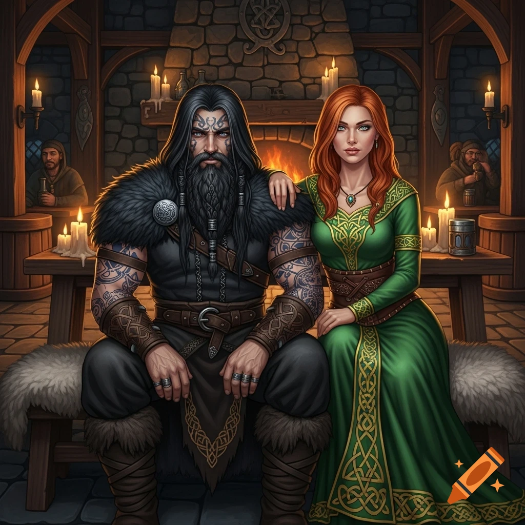 A strong, long-haired man with a beard and tattoos sits beside a red-haired woman in a green dress in a candlelit tavern, fire glowing in the background.
