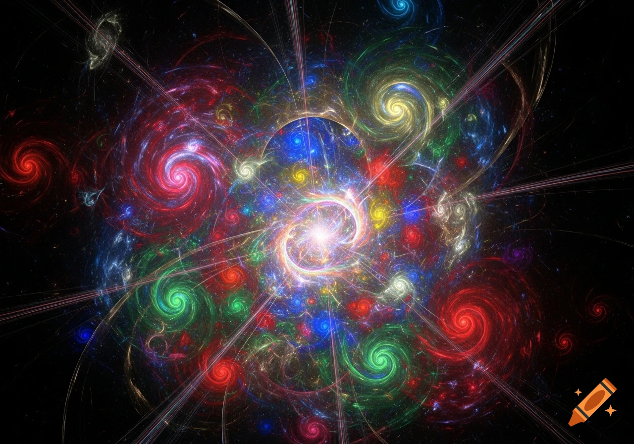 A vibrant, swirling fractal design with a bright white center and radiating lines, against a dark background, in a colorful abstract style.