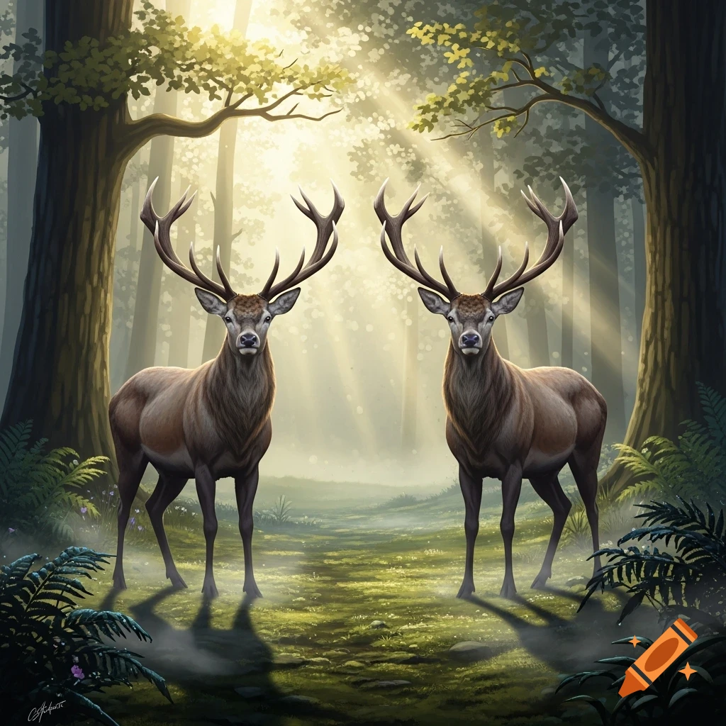 Two majestic deer with large antlers stand in a sunlit forest clearing ...