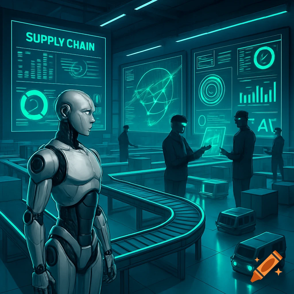 A humanoid robot stands in a futuristic, neon-lit supply chain facility with data screens and shadowy figures working around conveyor belts.