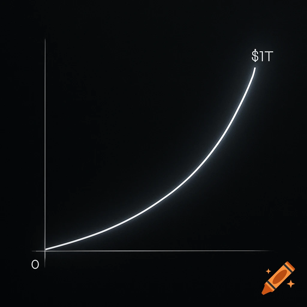 A minimalist chart with a white exponential line curve from 'O' on the left to '$1T' on the top right, against a black background.