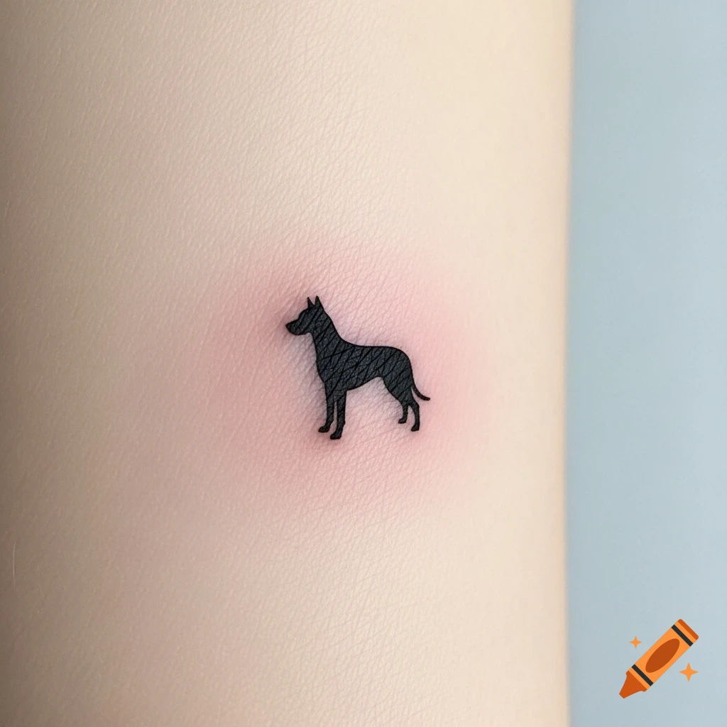 Tiny black dog silhouette tattoo on light skin, with a subtle reddish glow around it.