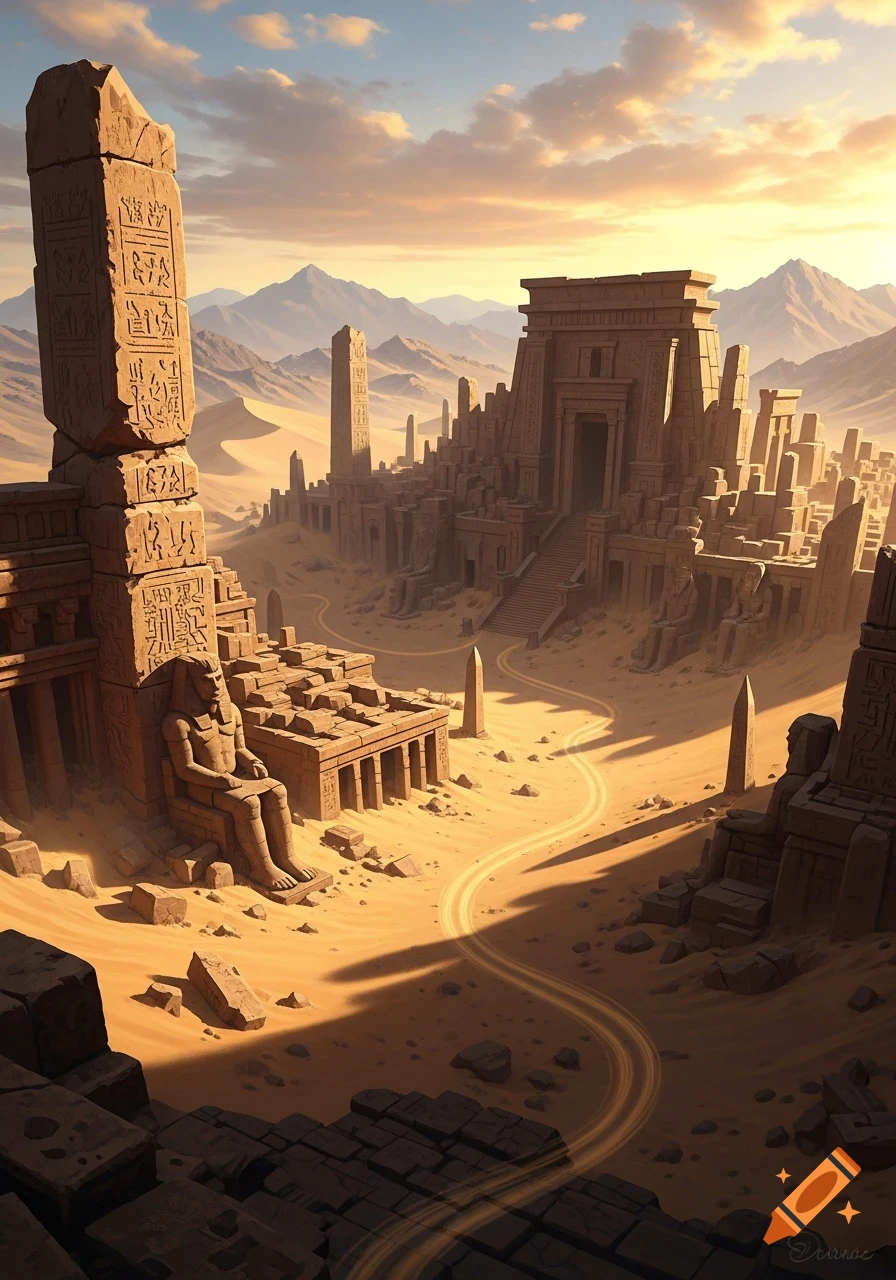 Ancient stone ruins and colossal statues stand in a vast golden desert under a cloudy sunset sky, with mountains in the background.