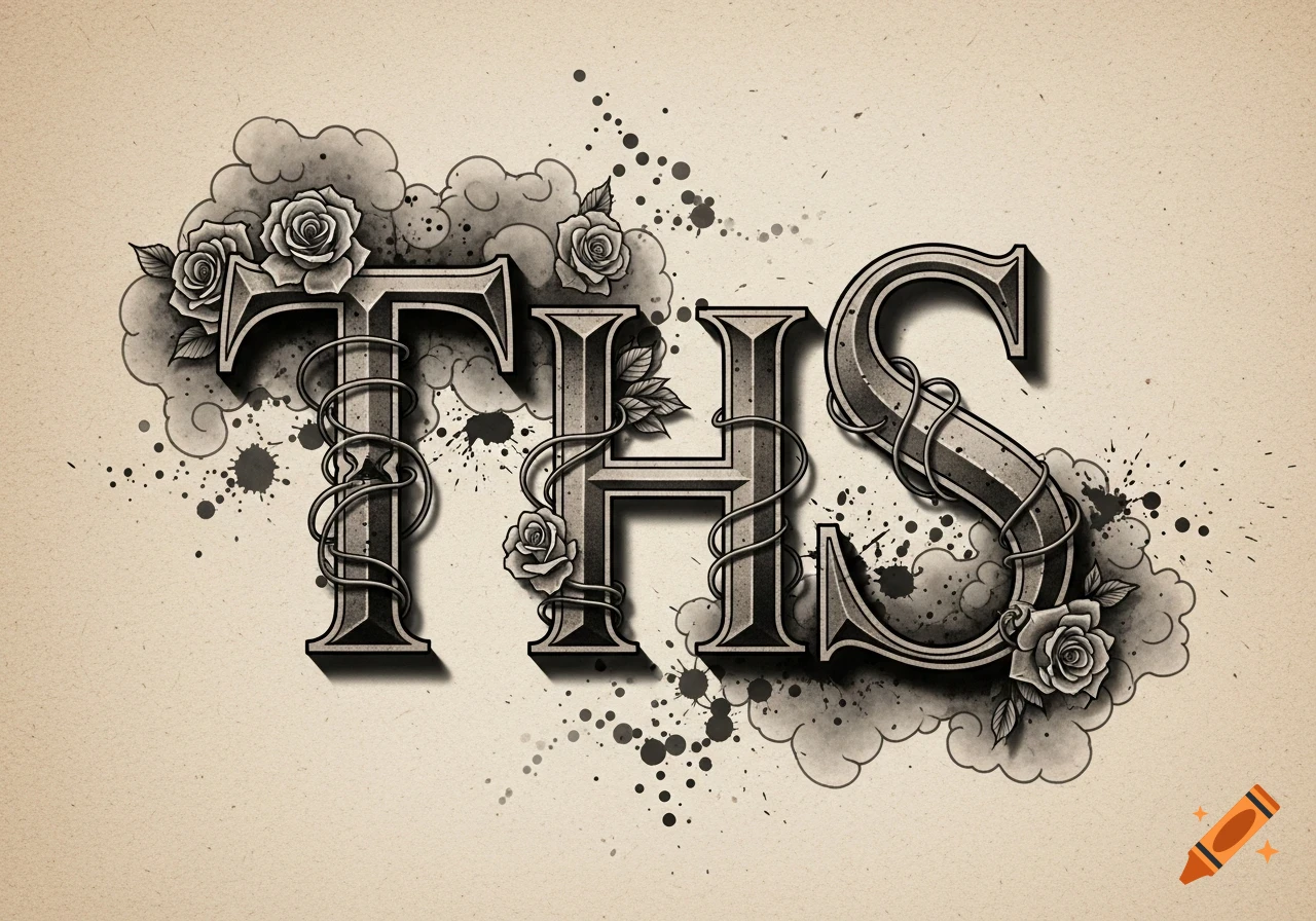 Monochrome tattoo-style rendering of the letters THS, adorned with roses, twisting vines, and ink splatters against a textured background.
