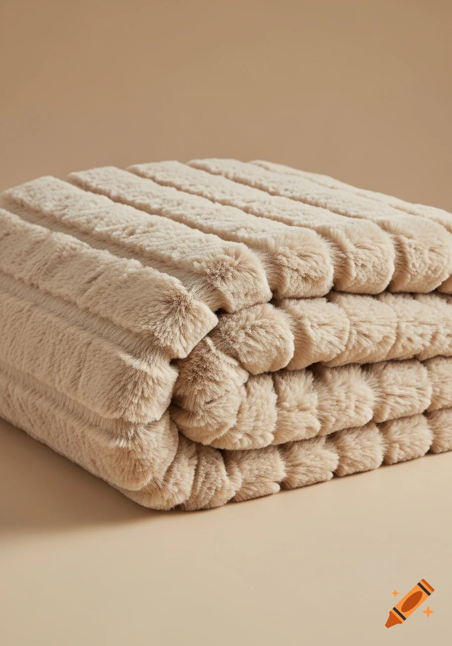 A folded, photorealistic beige faux fur blanket with a ribbed texture on a plain beige background.