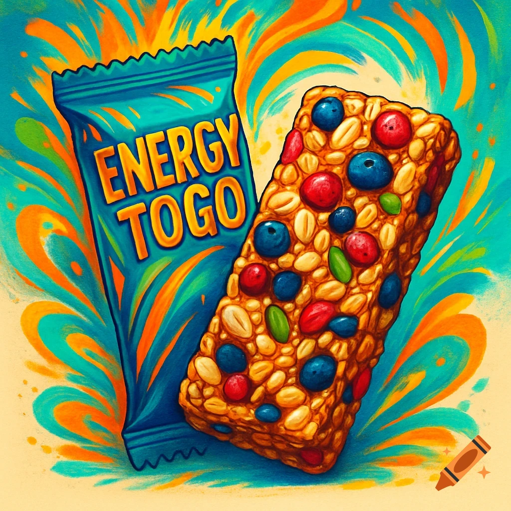 A vibrant illustration of an "ENERGY TOGO" muesli bar and its blue wrapper against a colorful, swirling background.