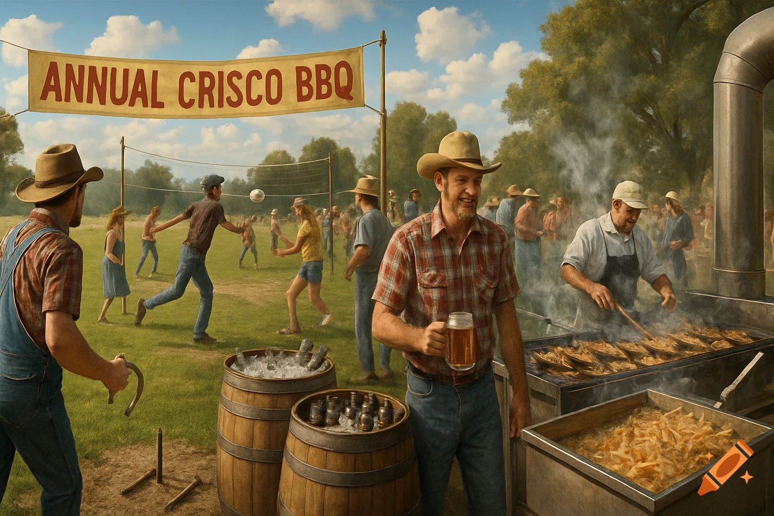 A lively outdoor annual Crisco BBQ event with country folks playing volleyball and horseshoes, a man holding beer, and chefs grilling food and making french fries.