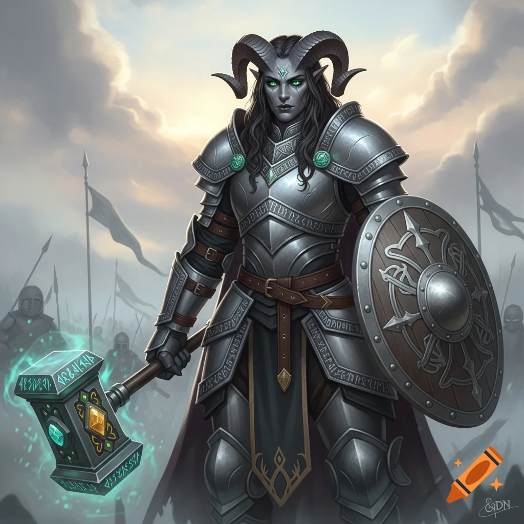 A grey-skinned, horned tiefling paladin in heavy armor with green eyes holds an enchanted hammer and shield on a cloudy battlefield.