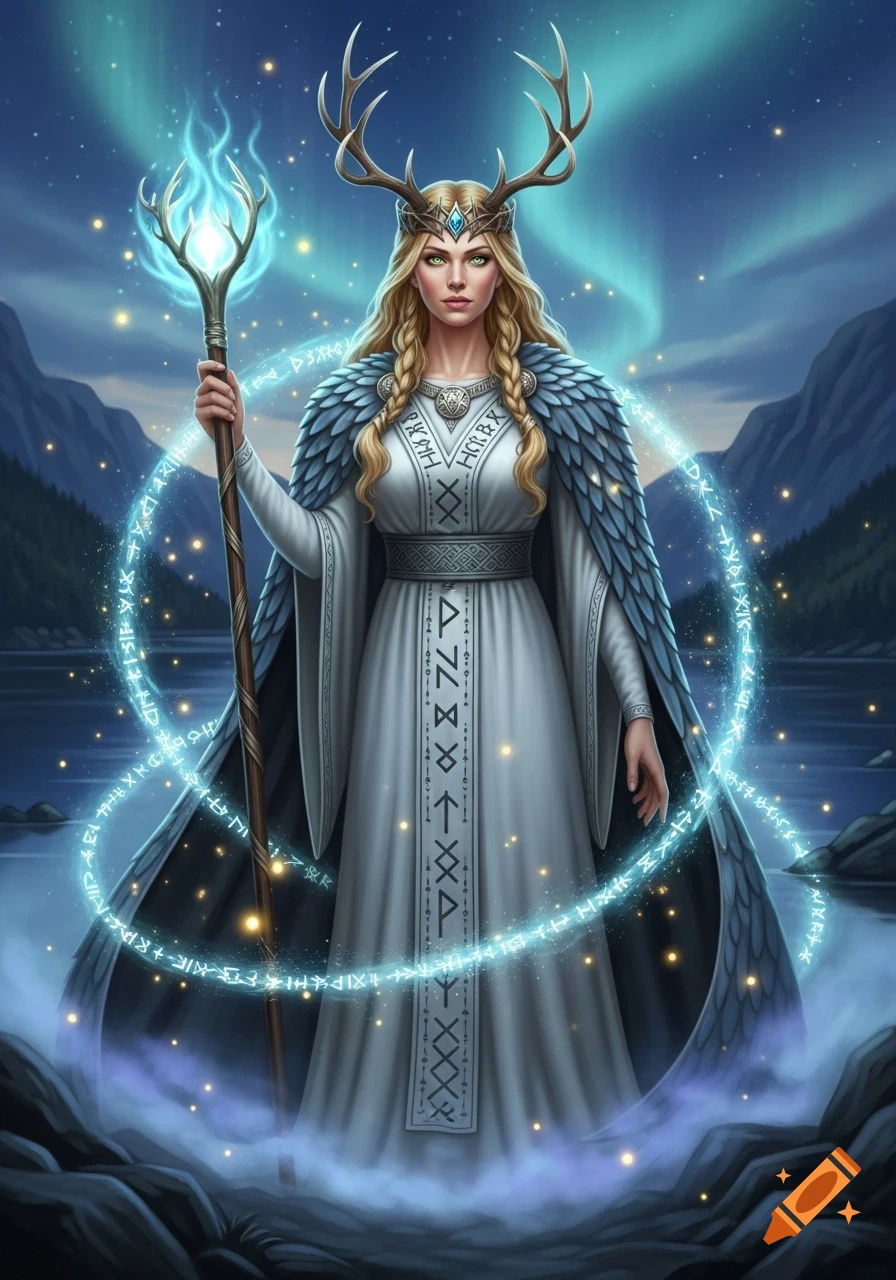 A fair-skinned woman with blonde braids, wearing a white dress and feathered cape, holds a glowing staff. Antlers crown her head, and a magical runic ring floats around her amidst a background of a lake, mountains, and aurora borealis.