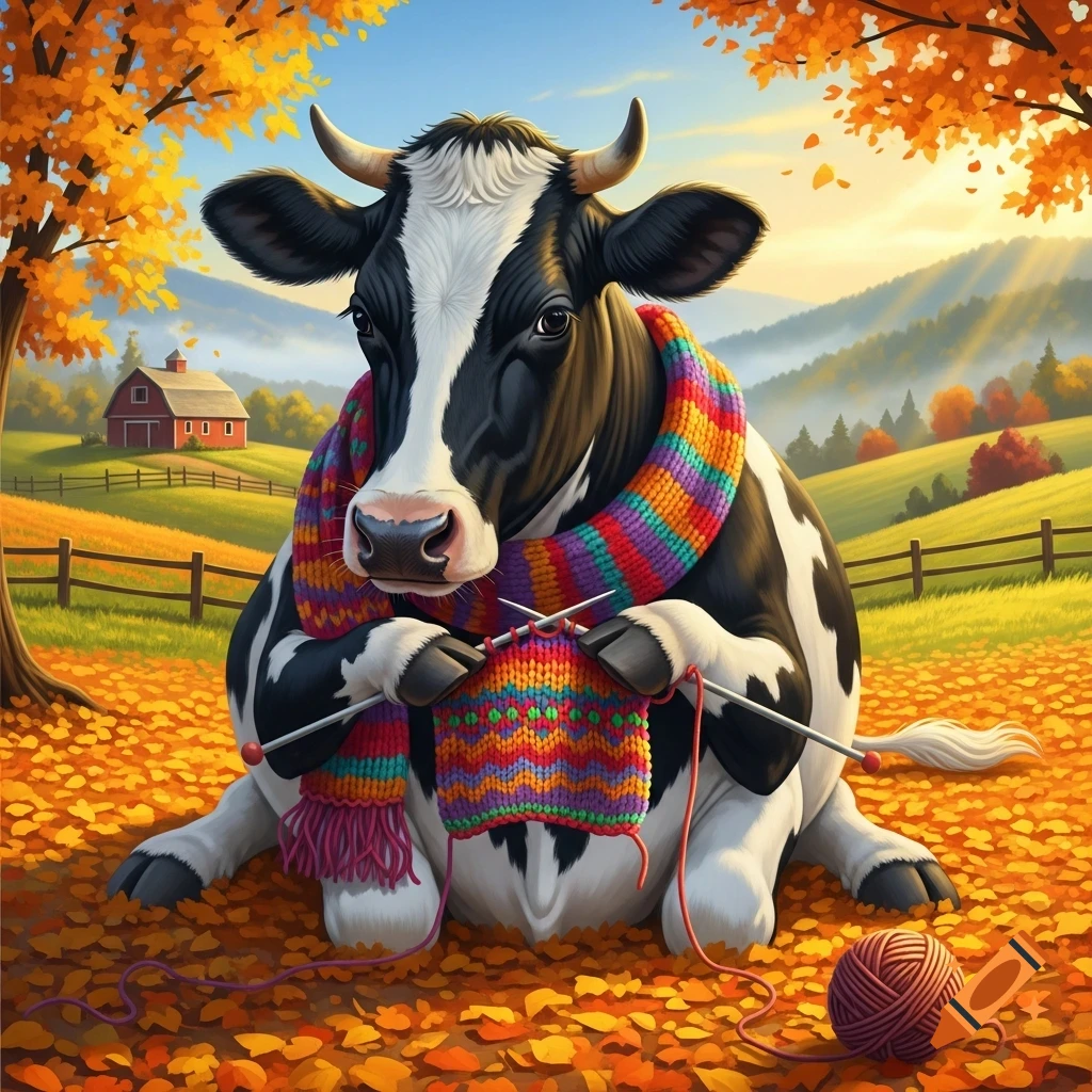 A whimsical black and white cow in a colorful scarf sits in a field of autumn leaves, knitting. A red barn and hills are in the background.