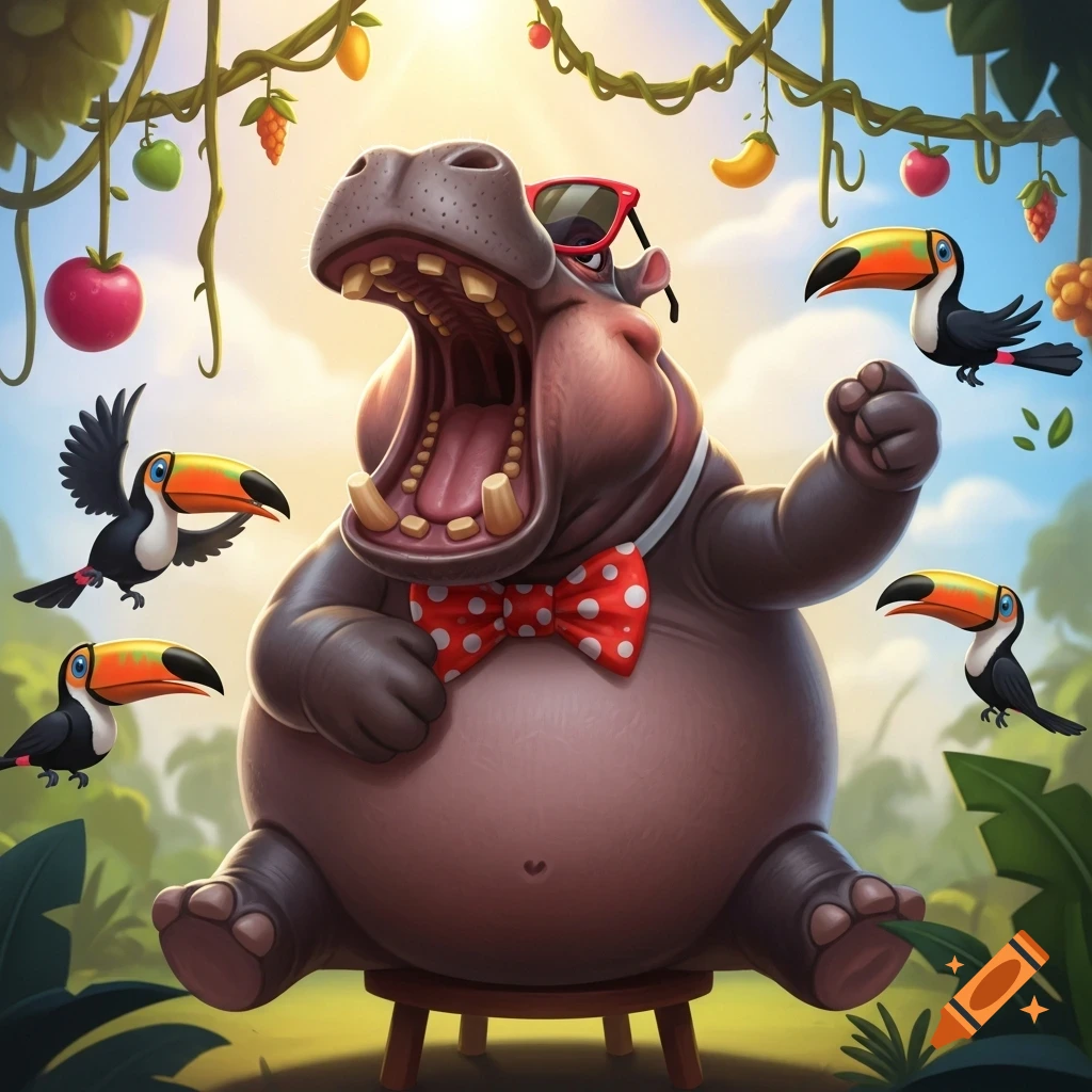 A cartoon hippo wearing red sunglasses and a red polka dot bow tie, mouth wide open, sitting on a stool in a jungle with toucans and hanging fruit.