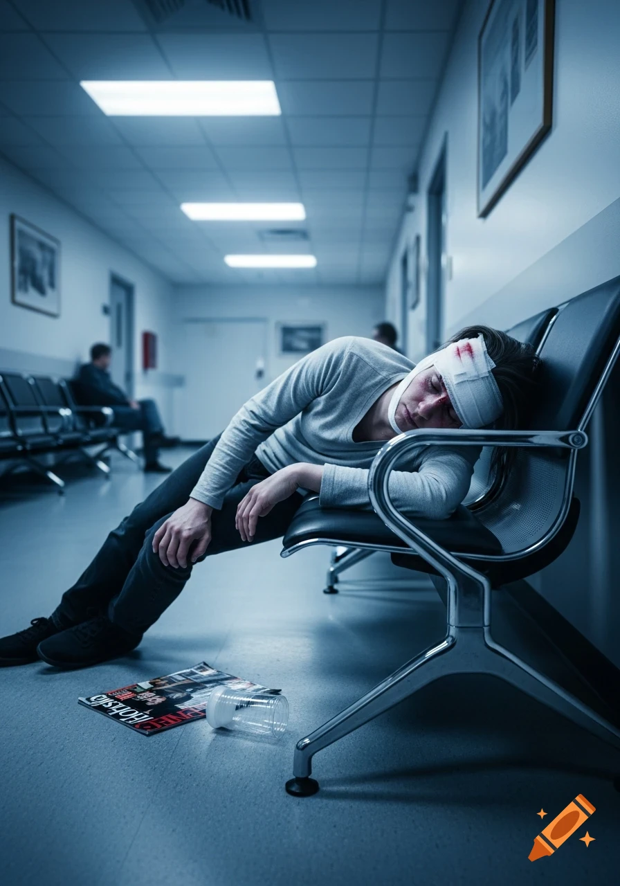 A person with a bandaged head and blood leans across two chairs in a dim hospital waiting room, a magazine and cup on the floor.