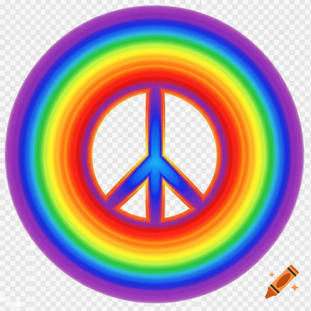 A vibrant rainbow-colored peace symbol with a blue center on a transparent background.