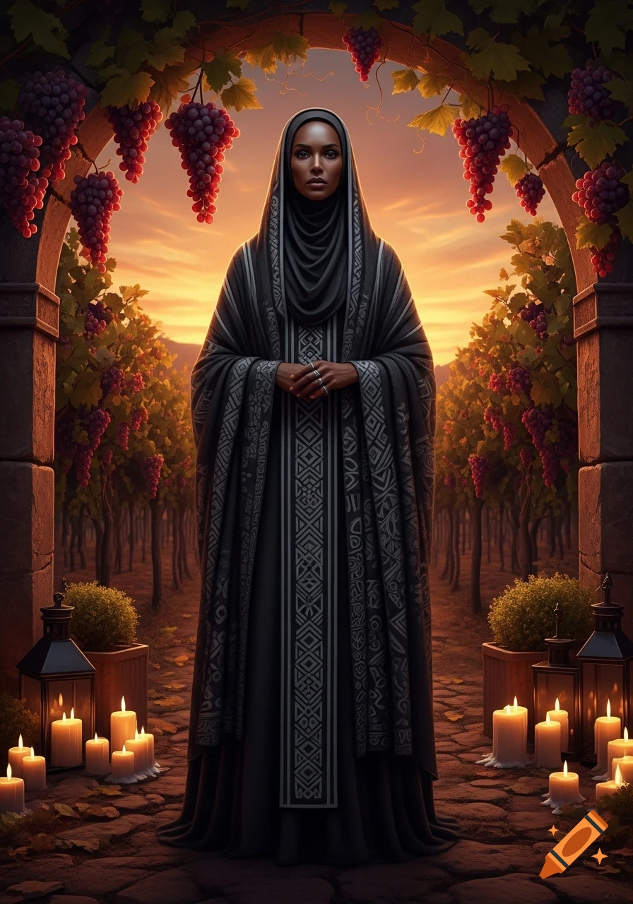 A dark-skinned woman in patterned black and grey robes stands under a grape arbor in a vineyard at sunset, surrounded by lit candles.