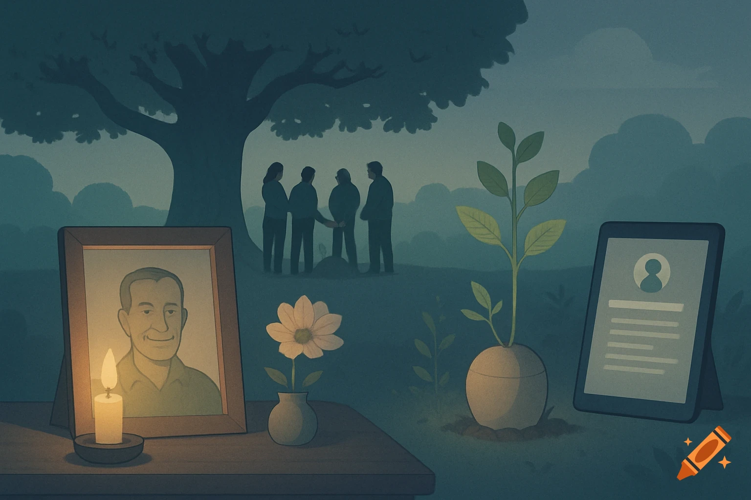 An illustration showing various remembrance rituals: a framed photo with a candle and flower, people gathered under a tree, a plant with an urn, and a tablet showing a commemorative page.