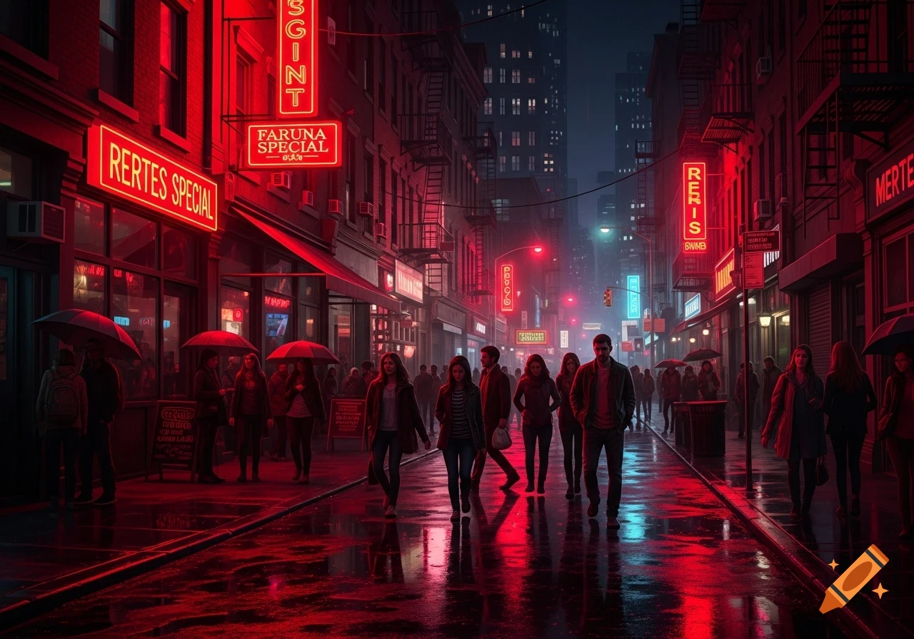 A vibrant night cityscape with people walking on a wet street reflecting red and blue neon lights from shops and signs.