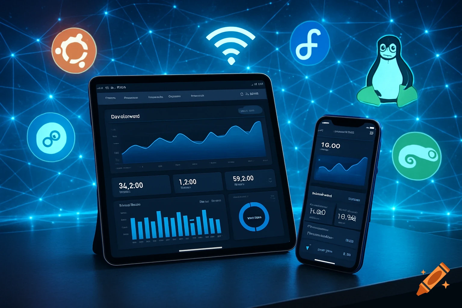 A tablet and smartphone display data dashboards, surrounded by floating logos for Ubuntu, Fedora, Tux the Linux penguin, openSUSE, and a WiFi symbol, all against a blue network background.