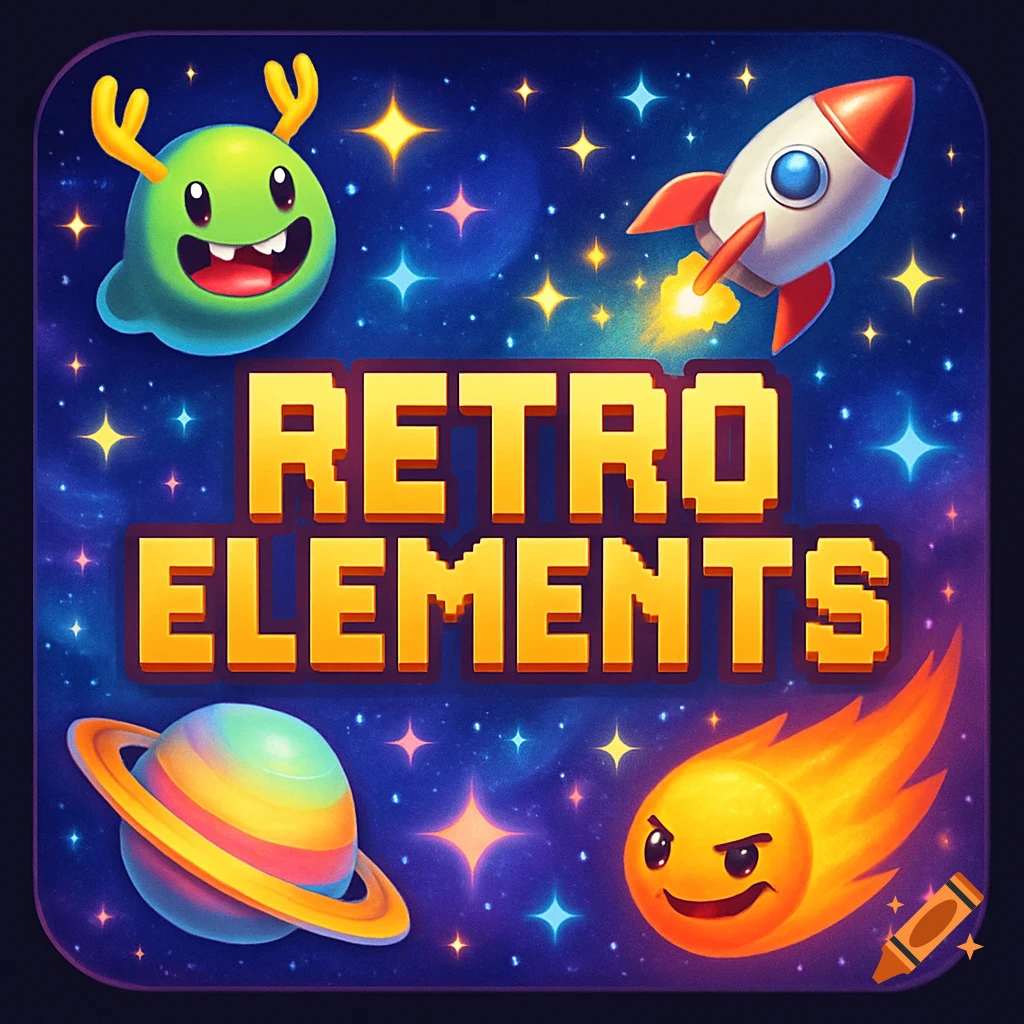 Cartoony space game icon with 'Retro Elements' text, featuring a green monster, rocket, ringed planet, and fiery comet.