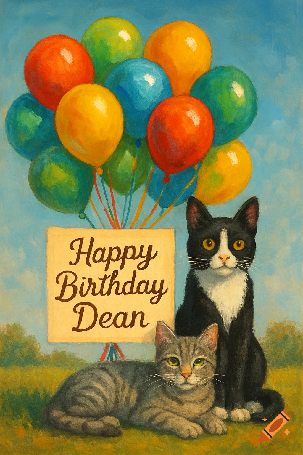 Painting of a black and white tuxedo cat and a gray tabby cat with a bouquet of colorful balloons and a "Happy Birthday Dean" sign.