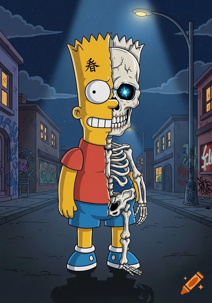 A stylized illustration of Bart Simpson standing on a street at night, with the right half of his body depicted as a glowing-eyed skeleton.