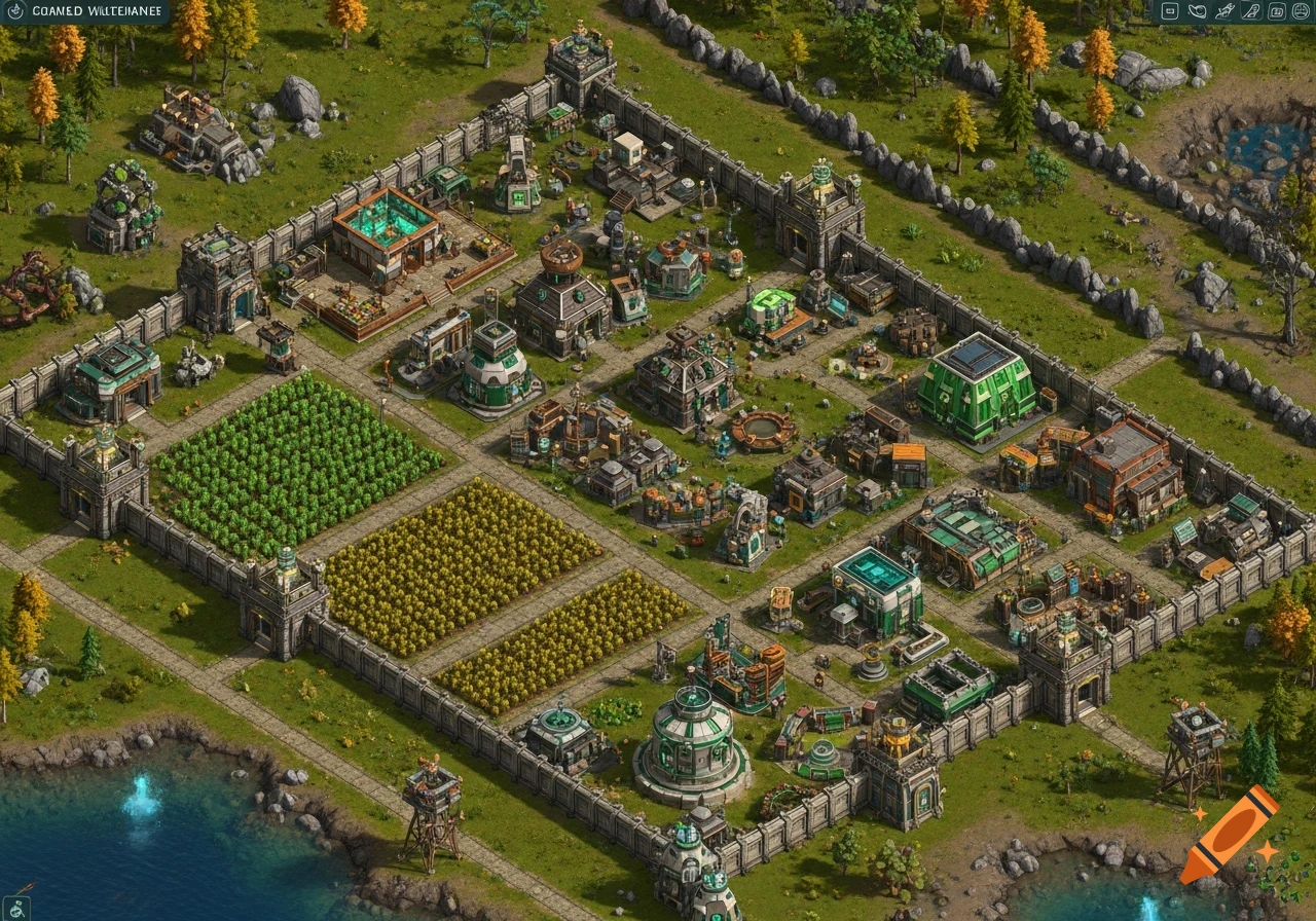 Detailed isometric view of a walled base with futuristic buildings and fields of crops next to a lake, in a strategy game style.