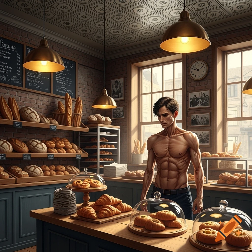 A shirtless, muscular man stands behind a counter in a rustic bakery, surrounded by shelves of bread and pastries. Realistic style.