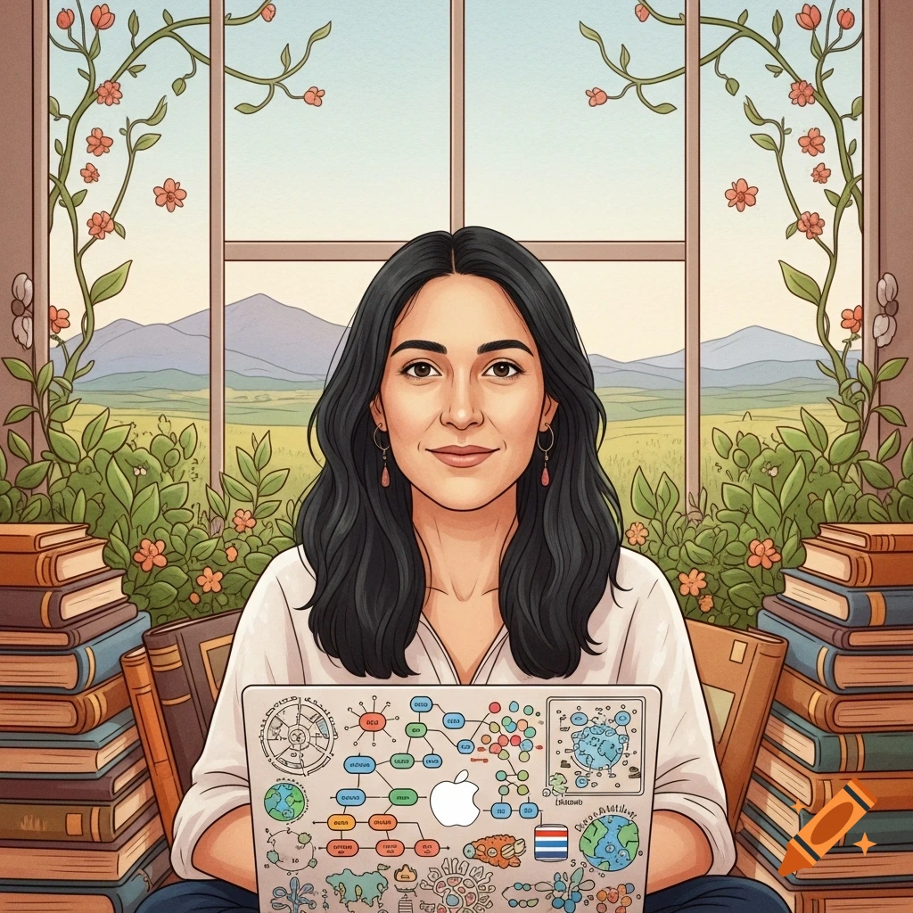 An illustrated avatar of a dark-haired woman smiling, working on a laptop surrounded by books, by a window overlooking a green landscape.