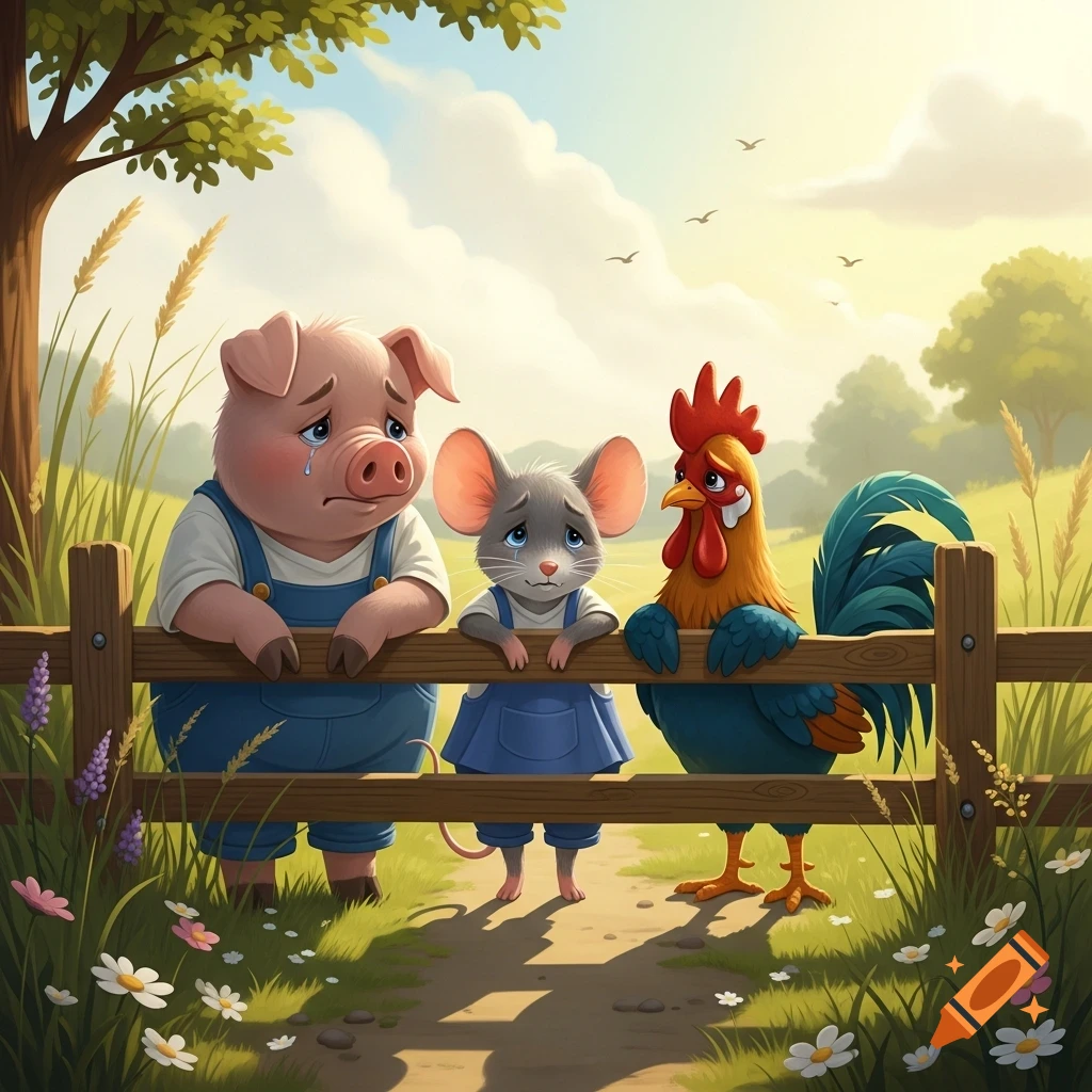 A sad cartoon pig, mouse, and rooster stand behind a wooden fence in a sunny field, in the style of a children's book.