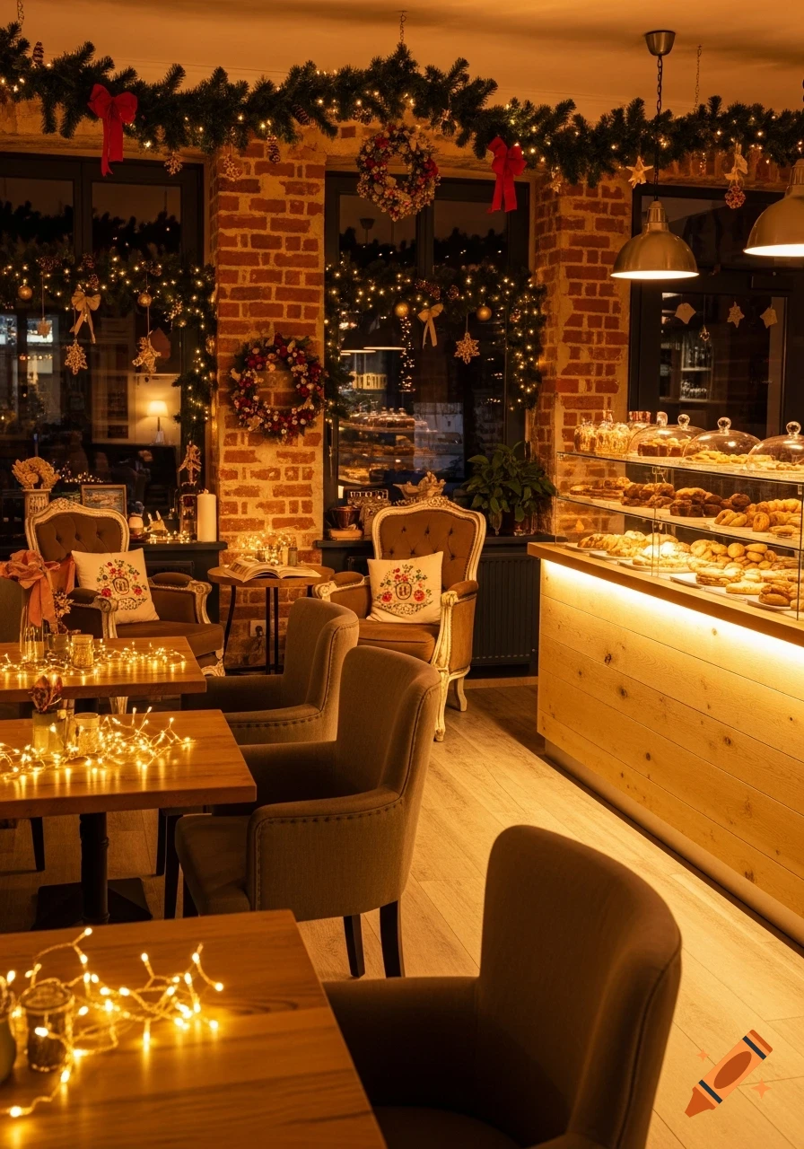 A cozy, Christmassy cafe interior with illuminated garlands, wreaths, string lights on tables, comfortable armchairs, and a display case filled with pastries.