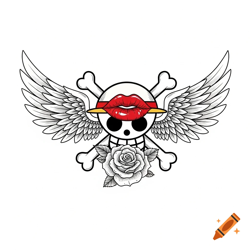 Stylized One Piece Jolly Roger with red lips, white feathered wings, and a gray rose against a white background.