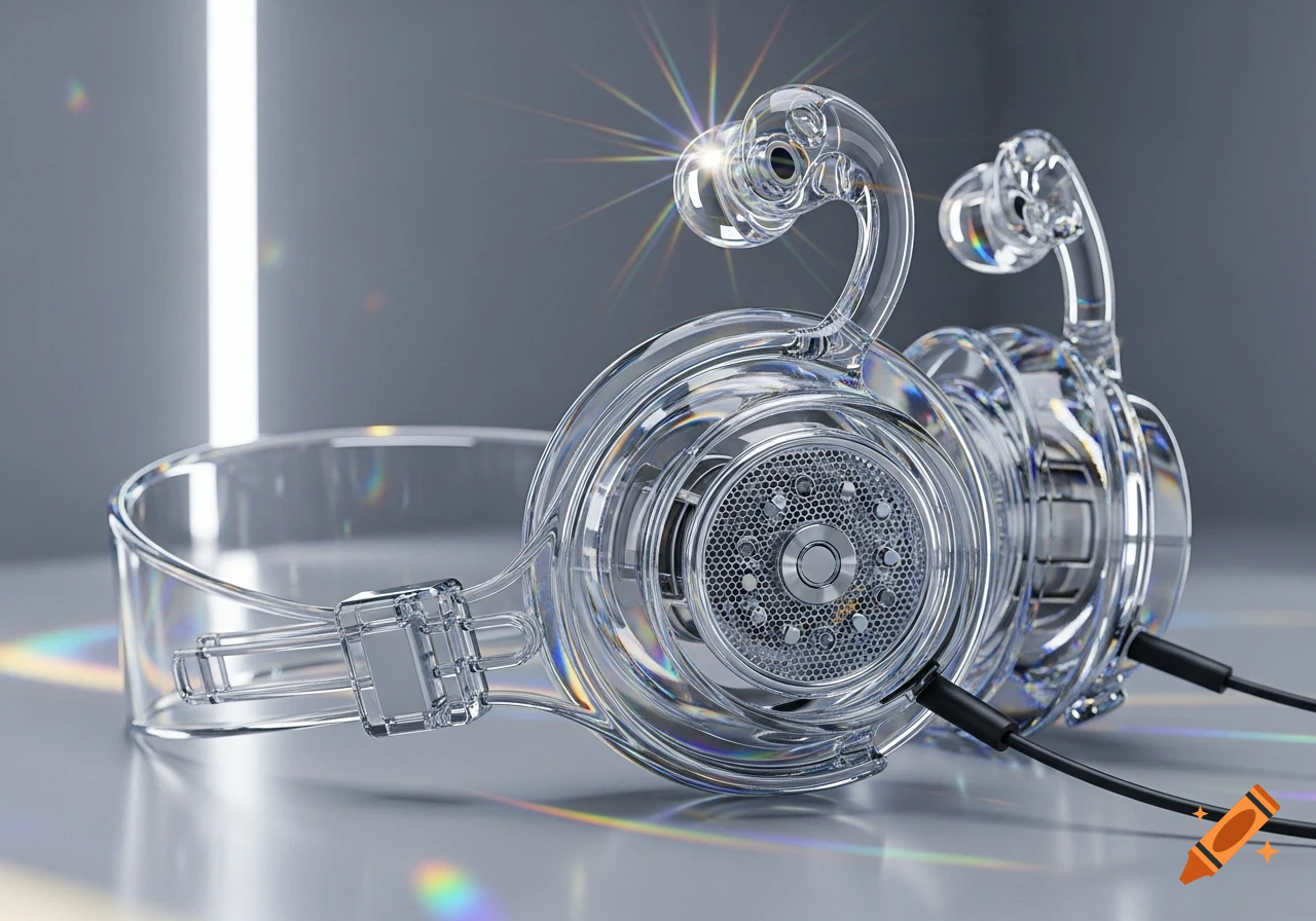 A pair of realistic clear glass headphones with intricate internal components, showing reflections and light refractions on a grey surface.