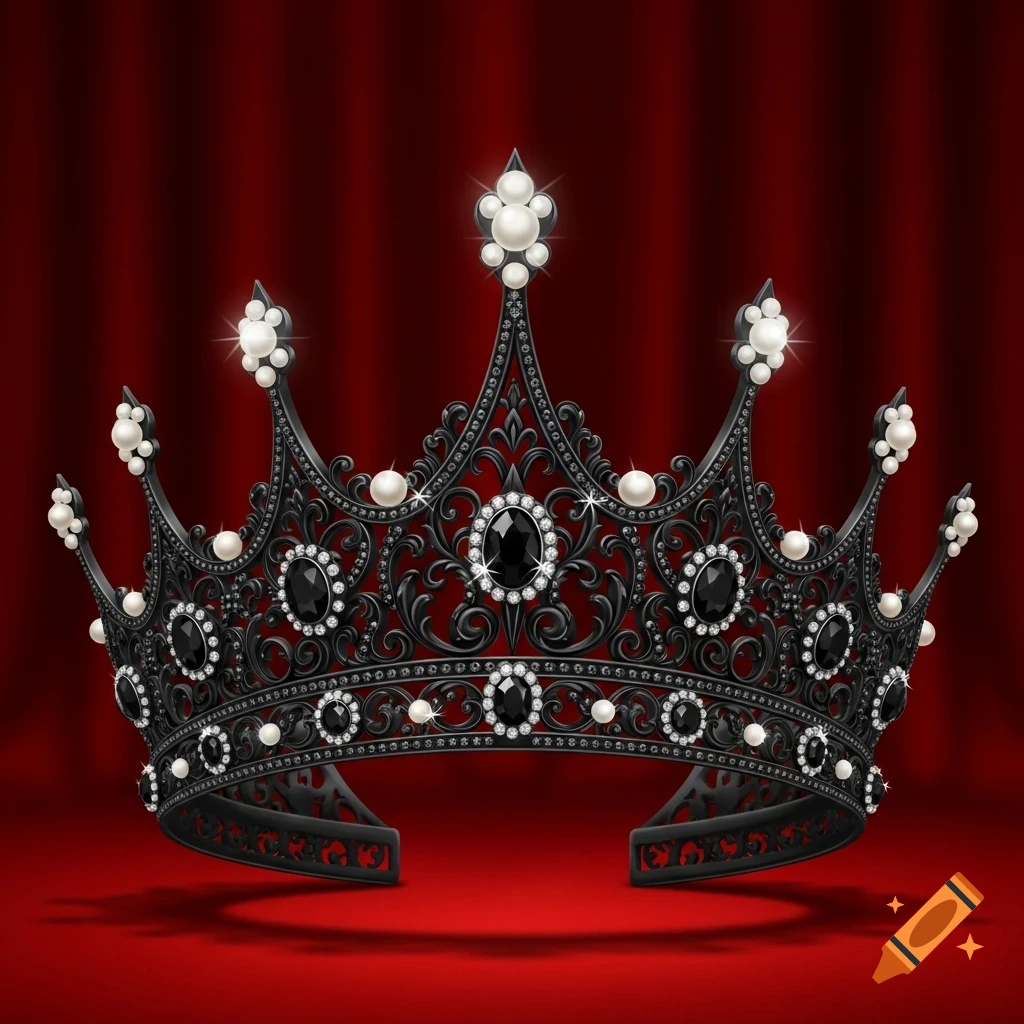 A detailed black crown adorned with white pearls and sparkling black and white jewels, set against a rich red velvet background.