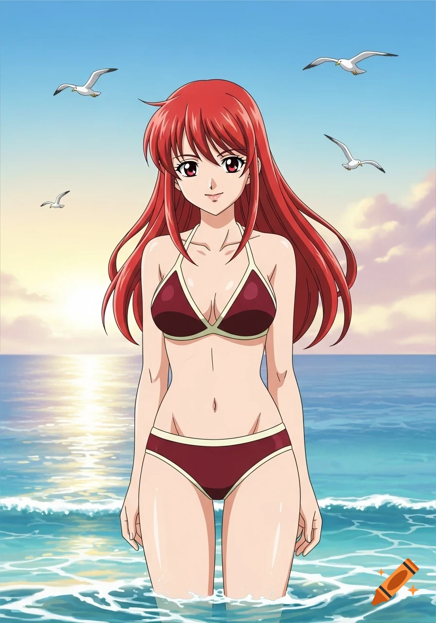 Anime girl with long red hair in a red swimsuit stands in the ocean at sunset with seagulls flying overhead.