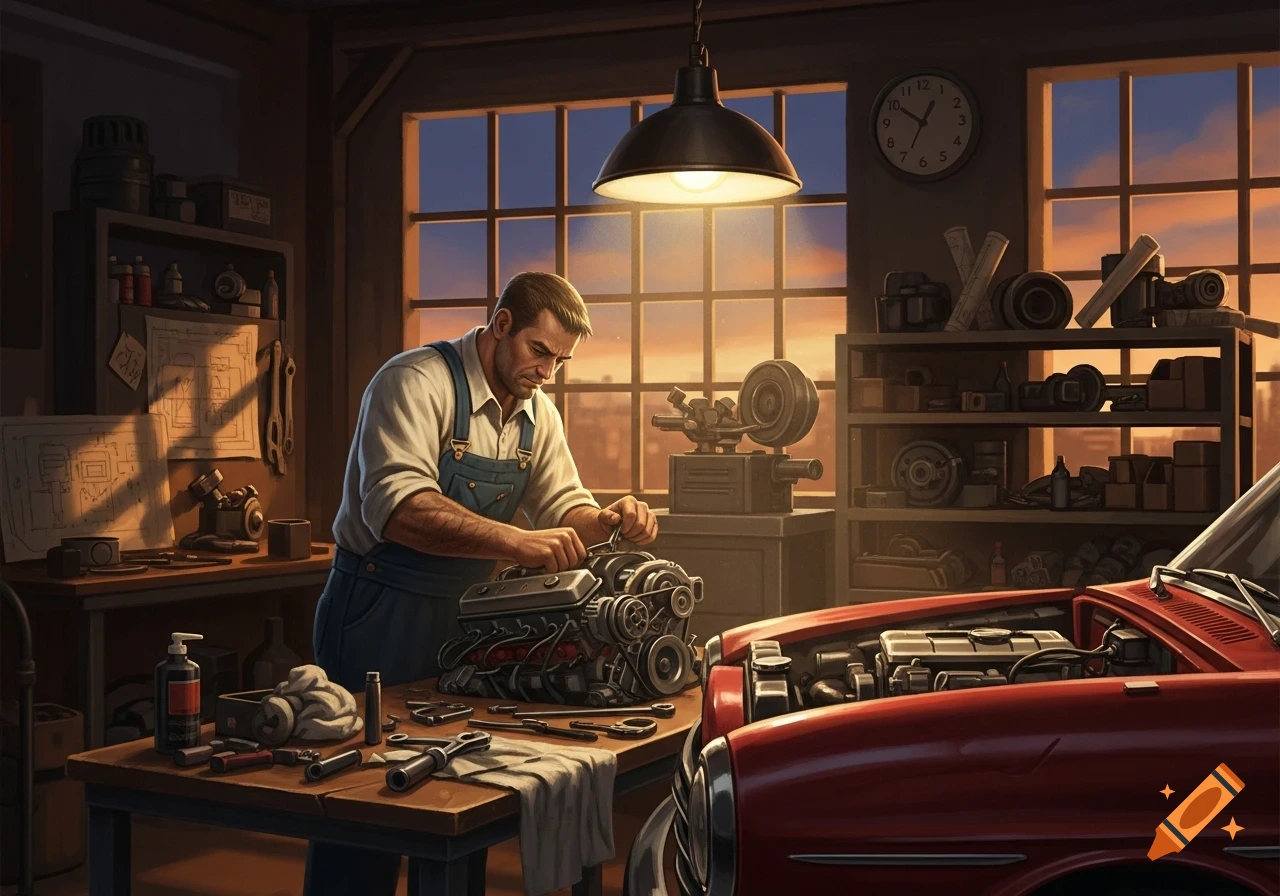 A man in overalls works on a car engine at a workbench in a detailed garage, with a red car and sunset view.
