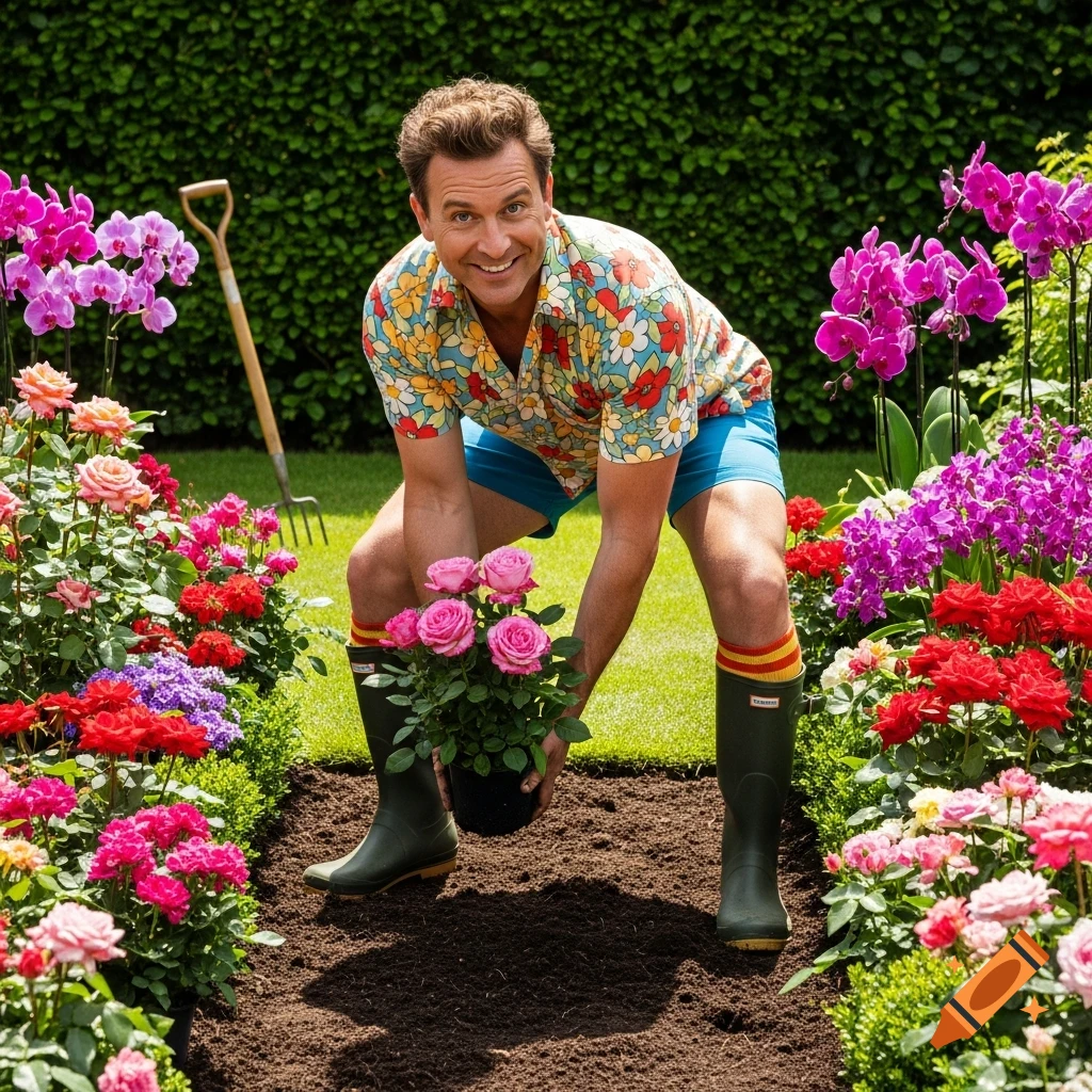 A smiling man in a colorful floral shirt and blue shorts plants pink roses in a vibrant flower garden, wearing green wellington boots.