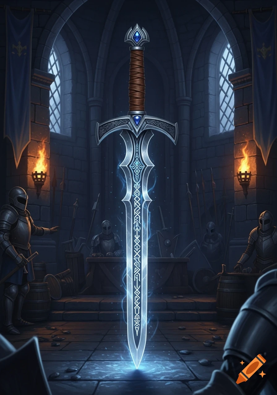 A glowing, ornate fantasy sword stands upright in the center of a medieval castle hall, surrounded by armored knights and torchlit stone walls.