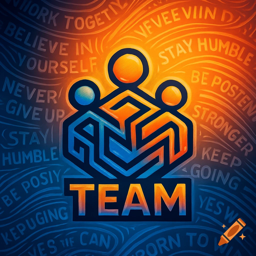 A vibrant logo with three stylized figures intertwined in blue and orange, against a background of swirling motivational text. The word 'TEAM' is prominent below in orange and blue.