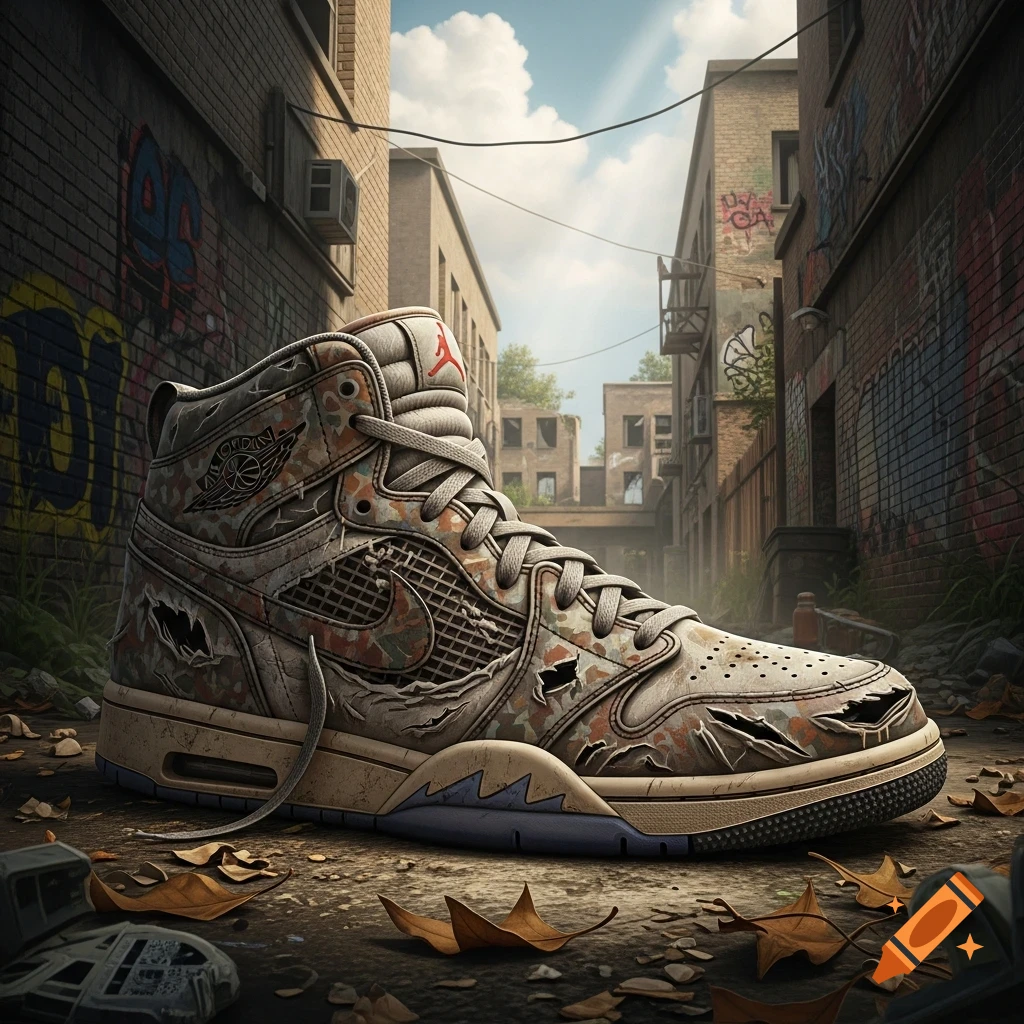 A heavily worn and destroyed Air Jordan sneaker with camouflage-like patterns, sitting on a dirty ground amidst fallen leaves and debris in a grimy urban alley with graffiti-covered brick walls.